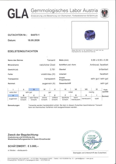 Gutachten zu Tansanit antik intensives Violettblau 3,76 ct.
