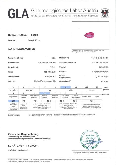 Gutachten zu Ruby pear pinkish red untreated 1.04 ct.