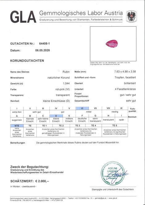 Gutachten zu Rubin Tropfen pink-rot unbehandelt 1,04 ct.