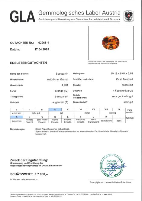 Gutachten zu Mandarin Garnet oval orange 4.40 ct.