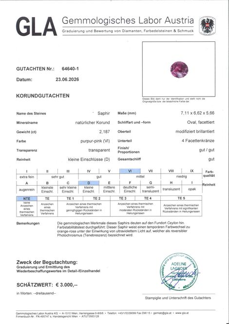 Gutachten zu Sapphire oval purplish pink untreated 2.18 ct.