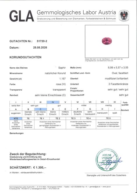 Gutachten zu Saphir oval rosa-pink unbehandelt 1,167 ct.