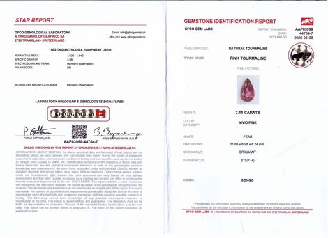 Gutachten zu Rubellit Turmalin Tropfen rosarot 3,11 ct.