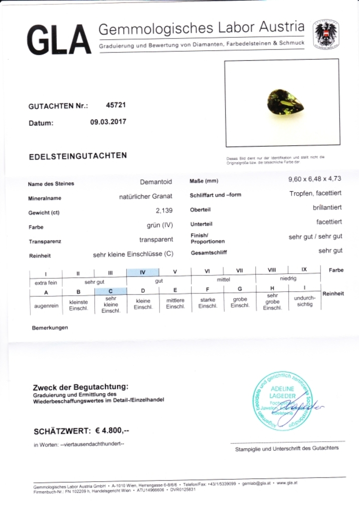 Gutachten zu Demantoid Tropfen grün 2,13 ct.