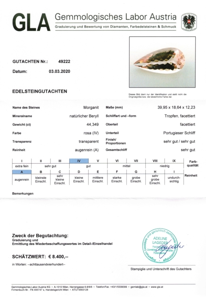 Gutachten zu Morganit Tropfen 44,34 ct