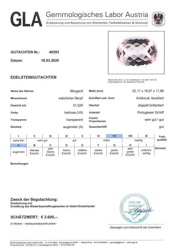 Gutachten zu Morganit antikoval hellrosa 31,02 ct