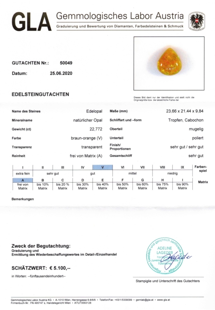 Gutachten zu Precious Opal cabochon pear bräunlich-orange 22.77 ct