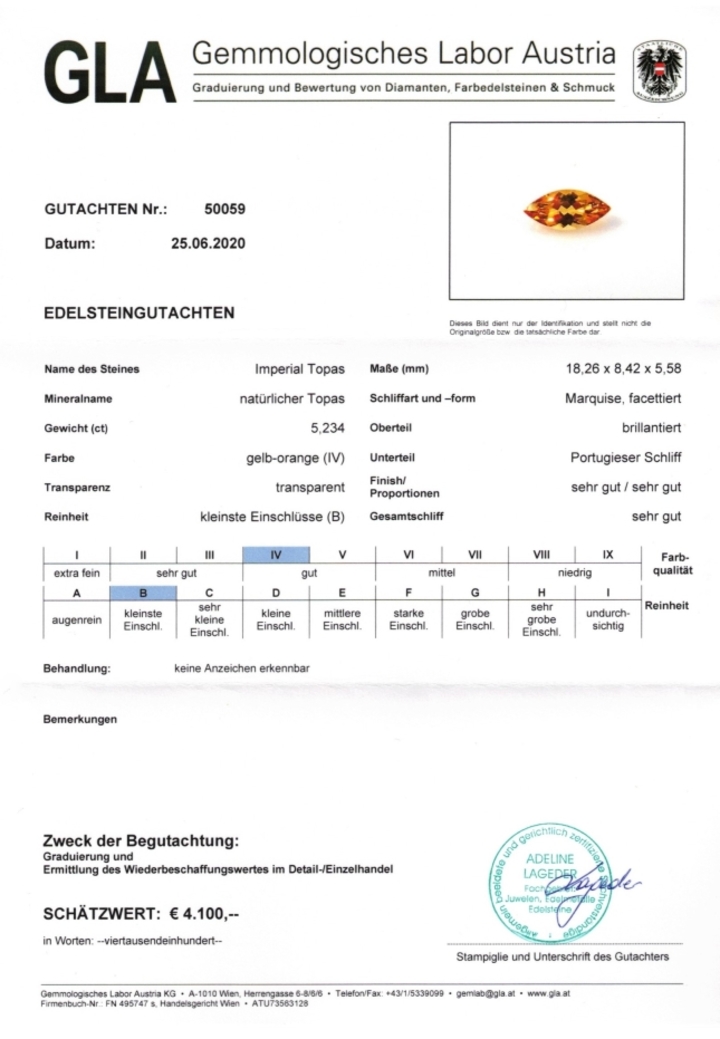 Gutachten zu Imperial-Topas Navette gelborange 5,23 ct