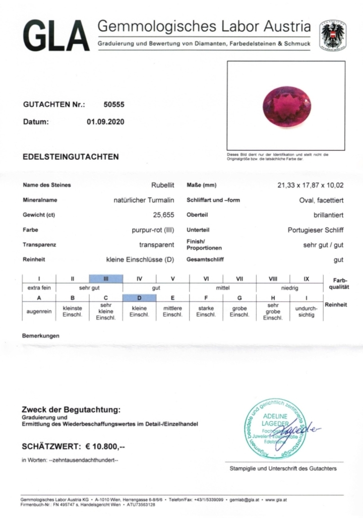 Gutachten zu Rubellite Tourmaline oval red 25.65 ct.