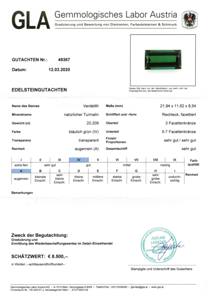 Gutachten zu Verdelith Turmalin Baguette grün 20,29 ct