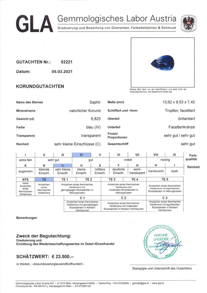 Gutachten zu Saphir Korund Tropfen blau 6,82 ct