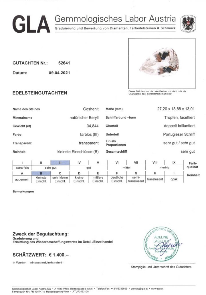 Gutachten zu Edelberyll Goshenit Tropfen farblos-getönt 34,84 ct