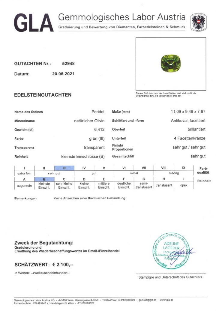 Gutachten zu Peridot cushion green 6.41 ct