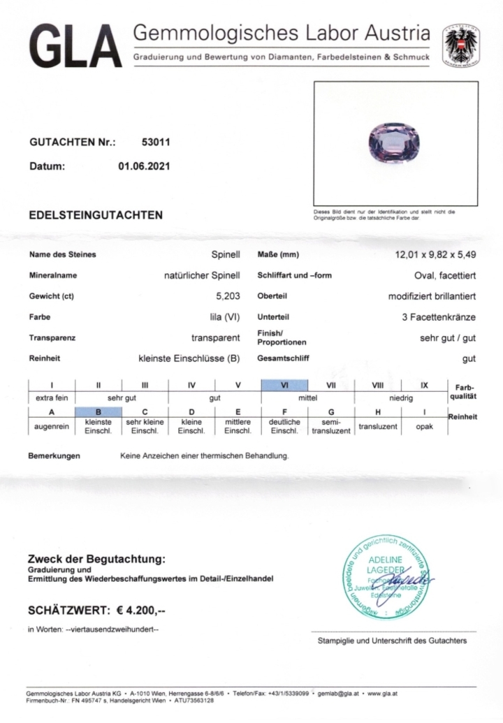 Gutachten zu Spinell oval lila unbehandelt 5,20 ct