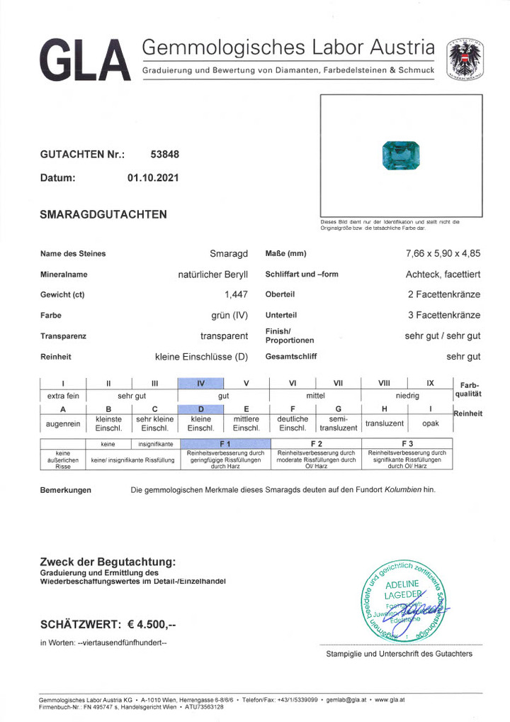 Gutachten zu Emerald octagon green 1.44 ct