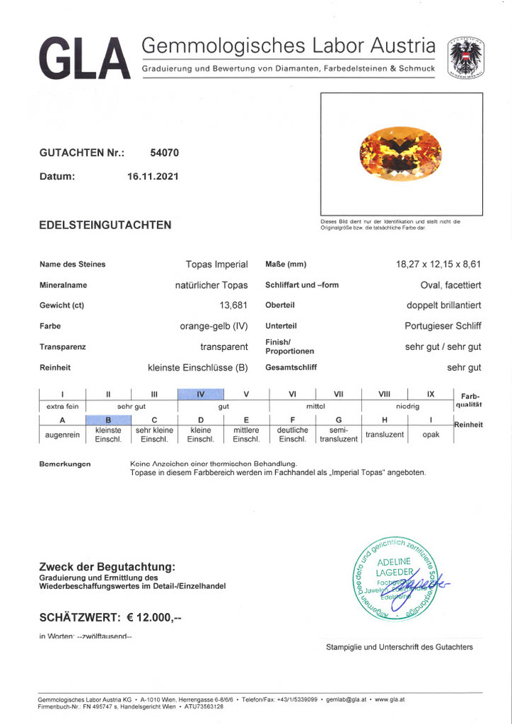 Gutachten zu Imperial Topaz oval yellow orange 13.68 ct