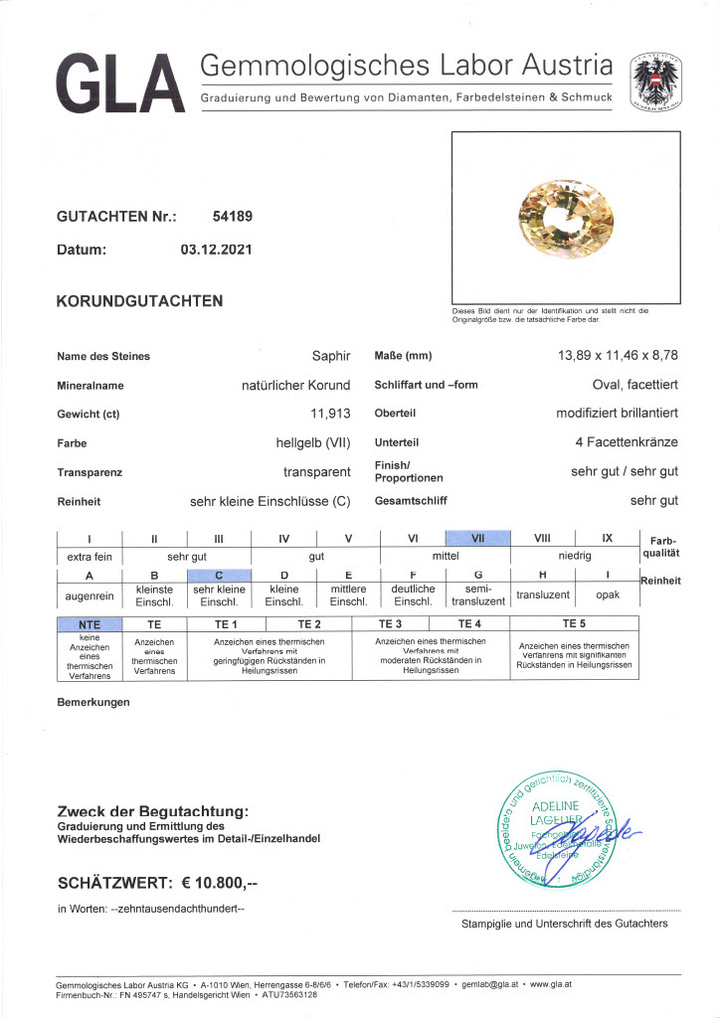 Gutachten zu Saphir oval hellgelb ungebrannt 11,91 ct