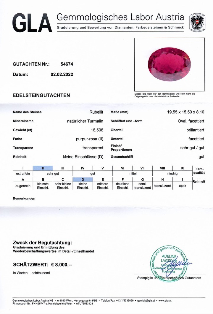 Gutachten zu Rubellite Tourmaline oval purpur-rot 16.50 ct