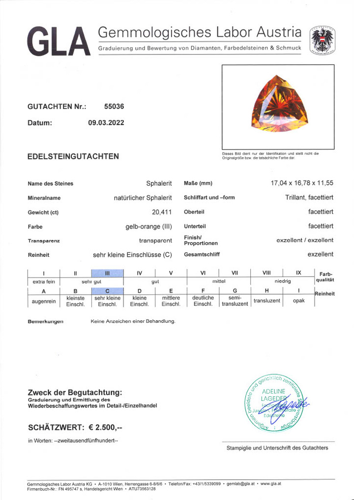 Gutachten zu Sphalerite Design-Trillion orange 20.41 ct