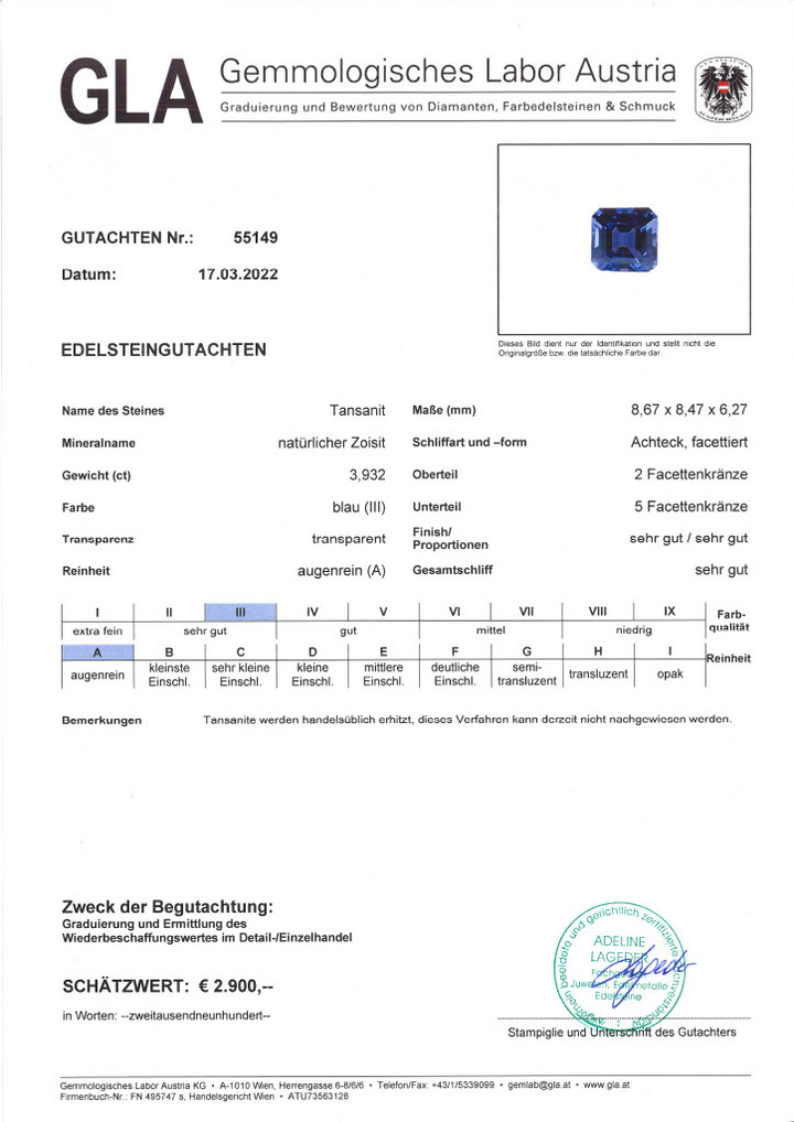 Gutachten zu Tansanit octagon intensives Blau 3,93 ct