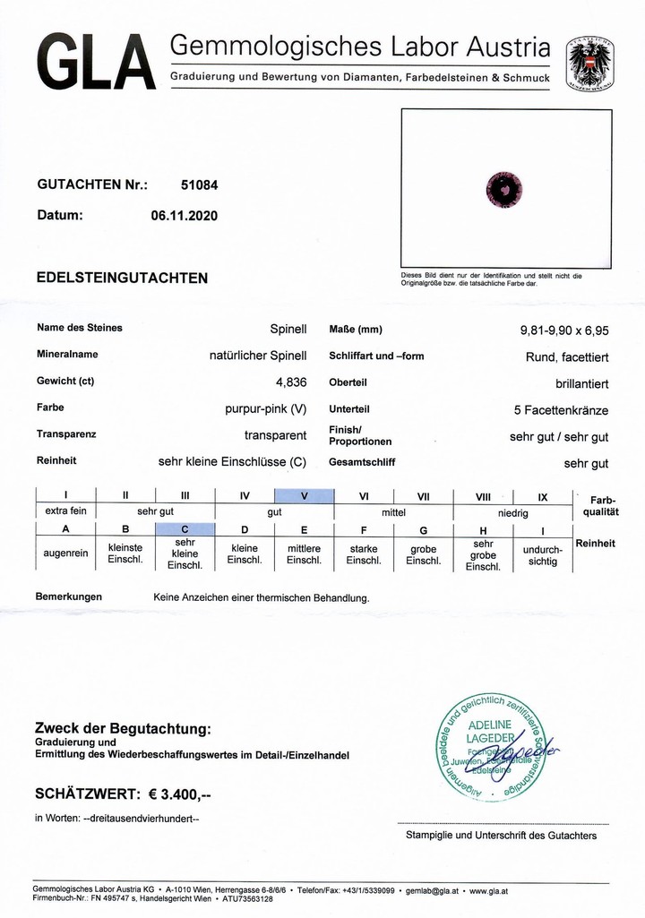 Gutachten zu Spinell rund pink-purpur unbehandelt 4,83 ct