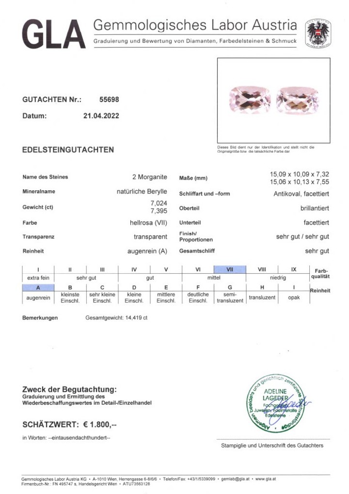 Gutachten zu Morganit Duo antik hellrosa 14,41 ct