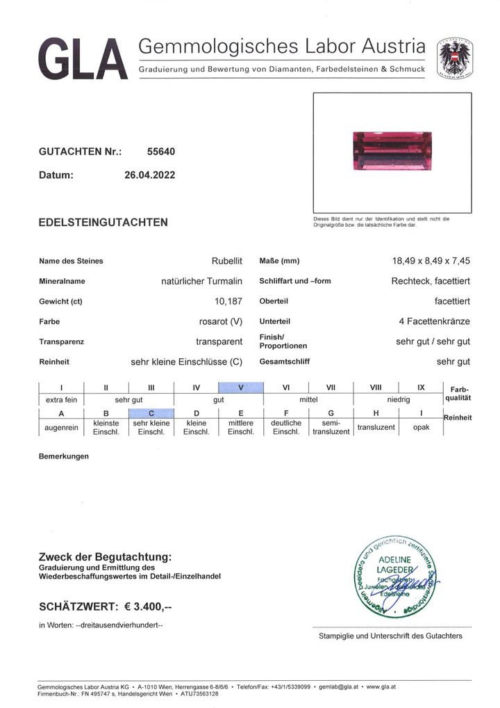 Gutachten zu Rubellit Turmalin Rechteck rosarot 10,18 ct