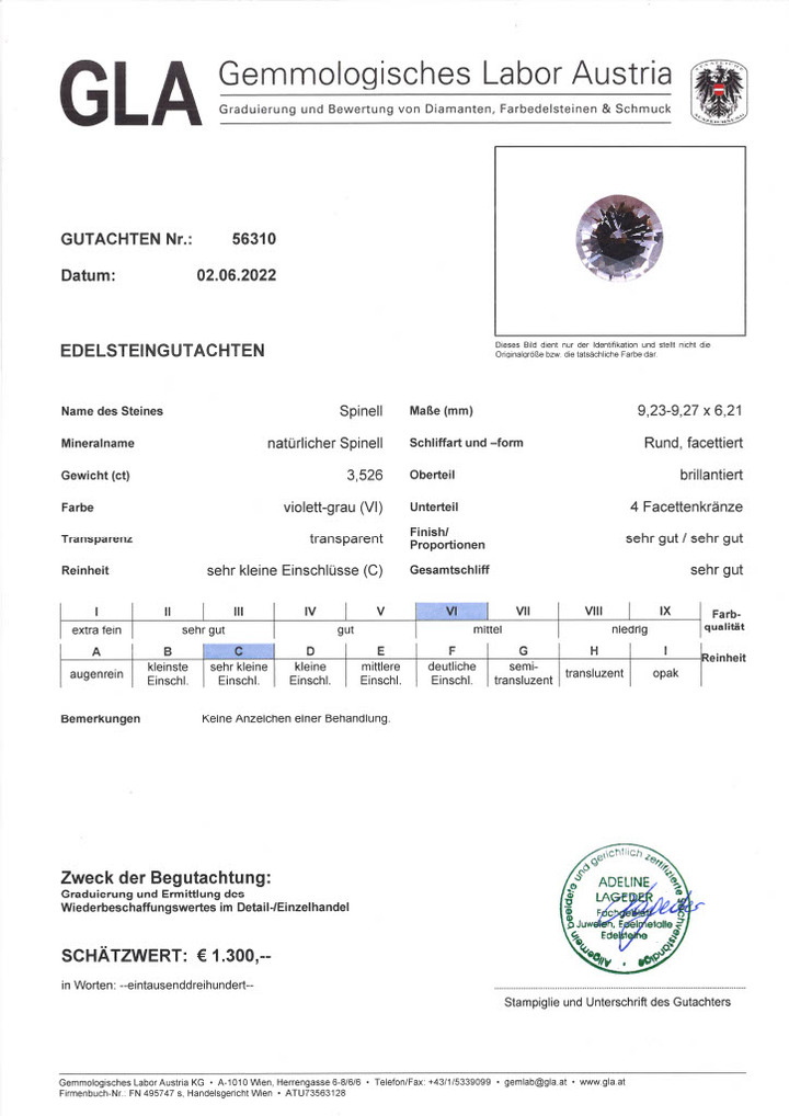 Gutachten zu Spinell rund grau-violett 3,52 ct.