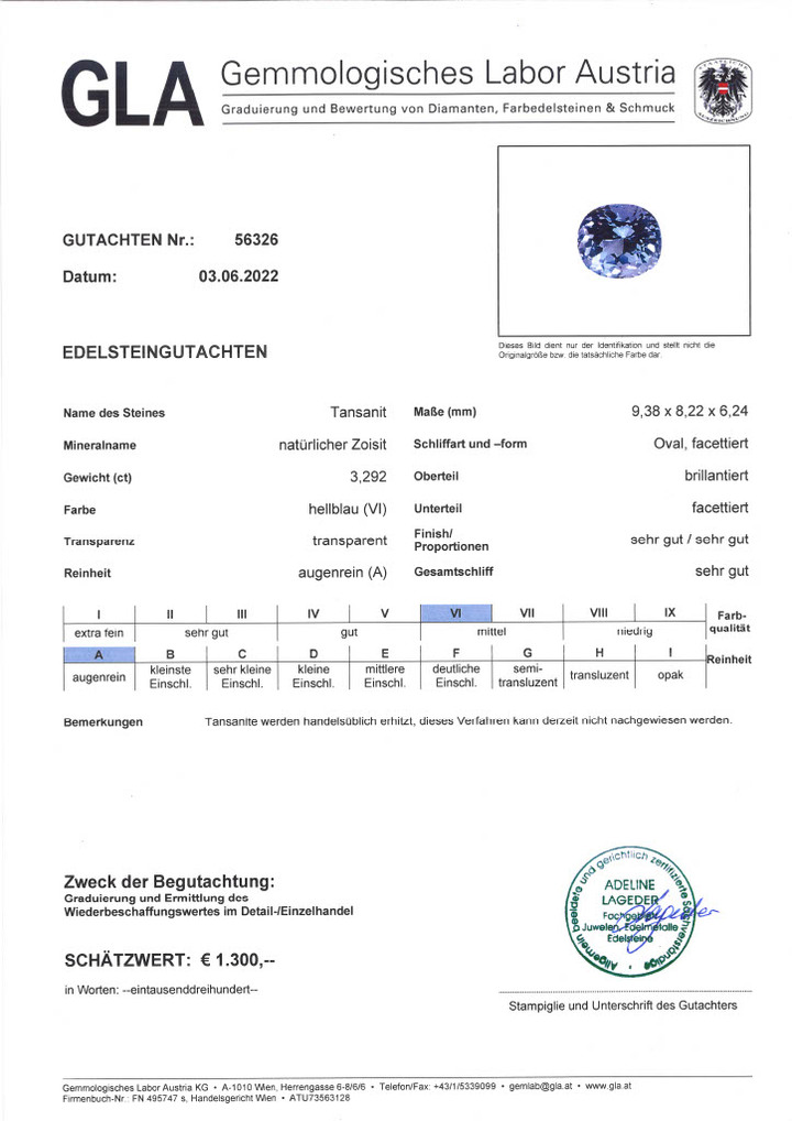 Gutachten zu Tansanit oval blau 3,29 ct