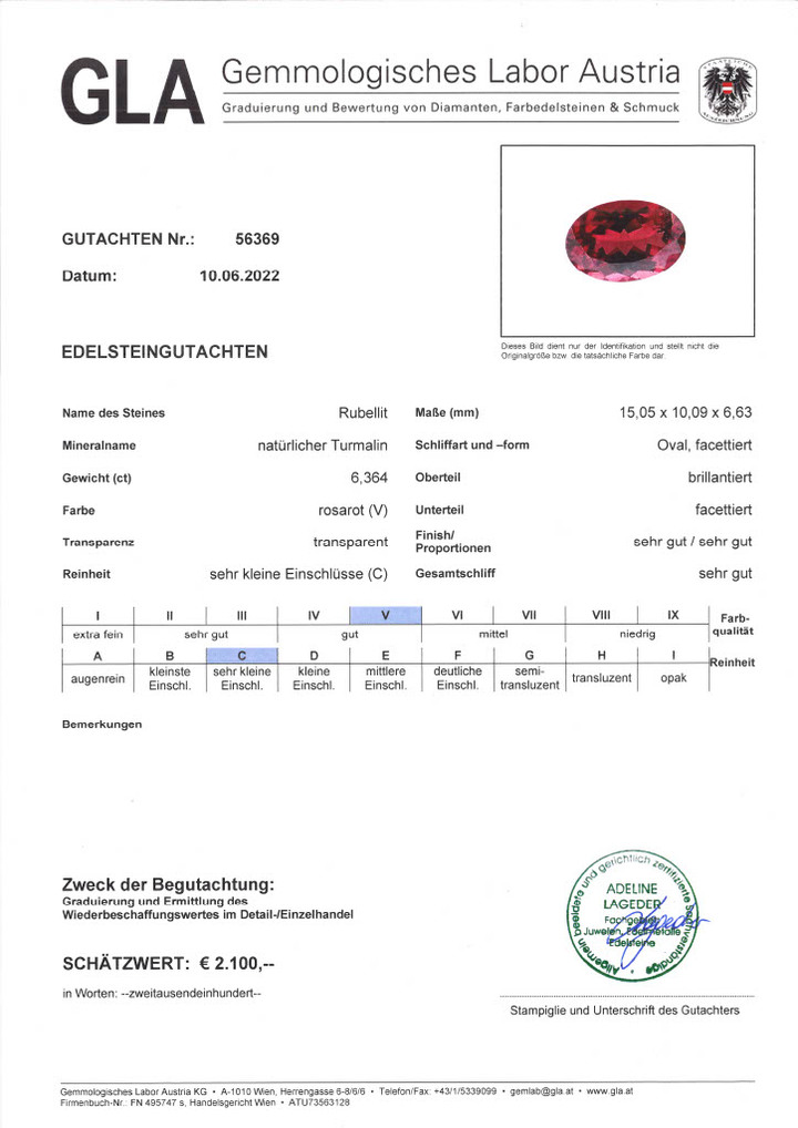 Gutachten zu Rubellit oval rosarot 6,36 ct