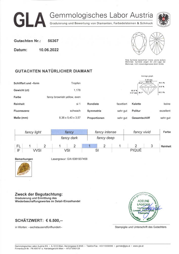 Gutachten zu Farbdiamant Tropfen brillantiert bräunlich gelb 1,17 ct.