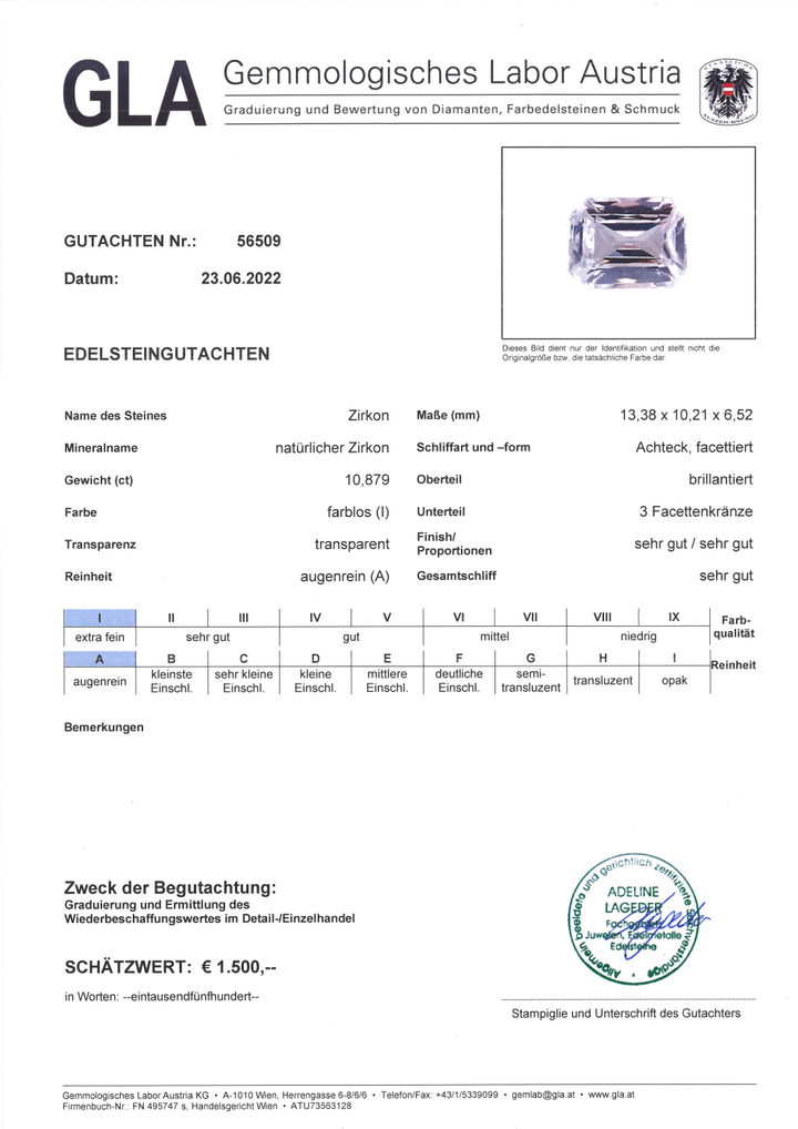 Gutachten zu Zirkon octagon farblos 10,87 ct.