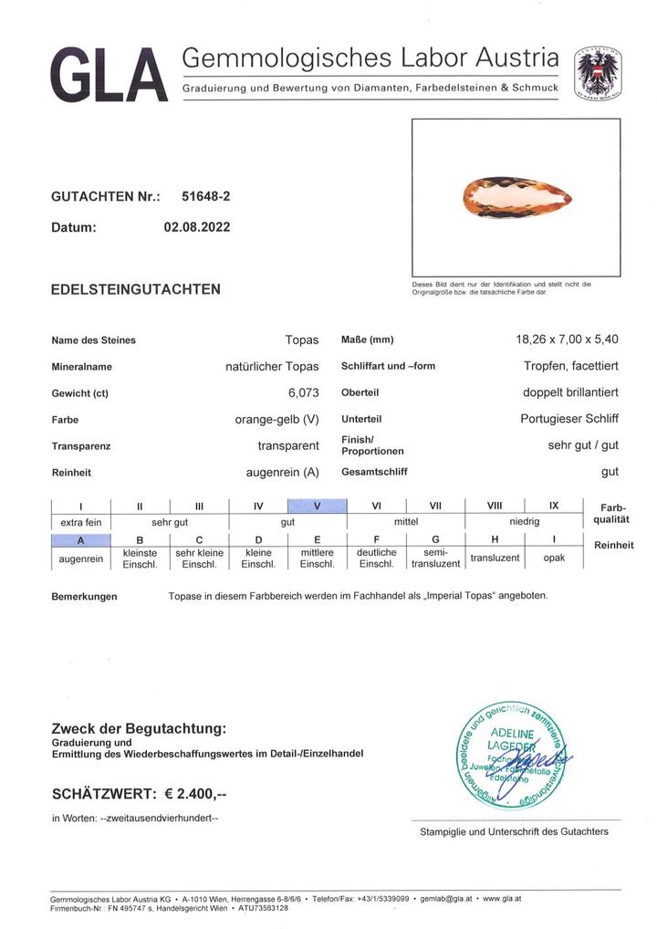 Gutachten zu Imperial-Topas pear yellow orange 6.07 ct