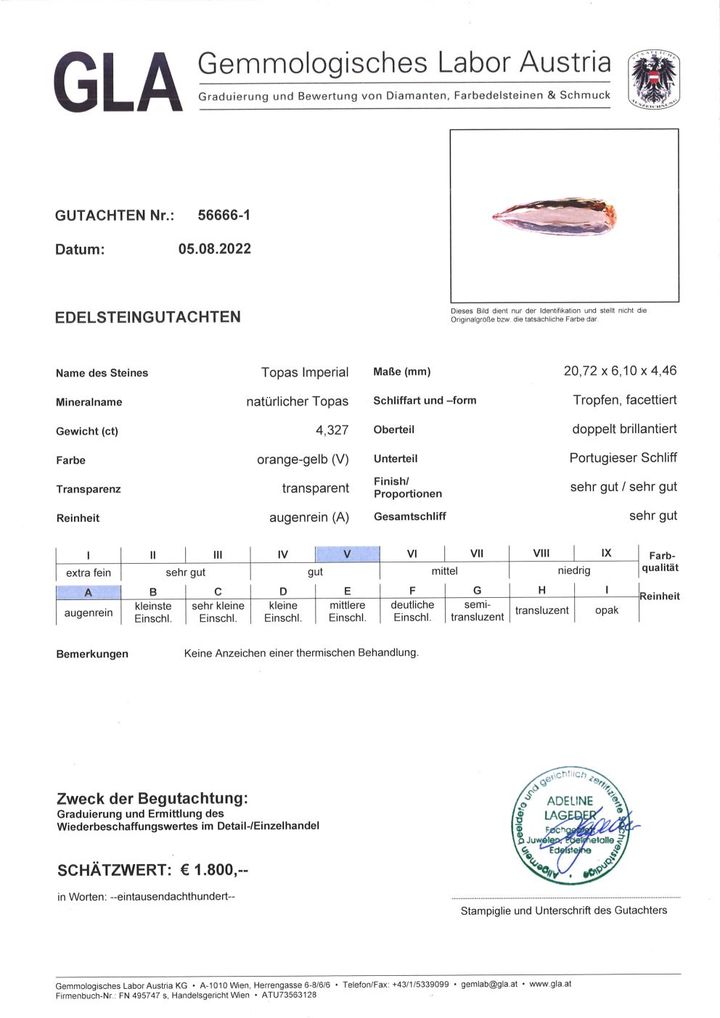 Gutachten zu Imperial-Topas pear yellow orange 4.33 ct