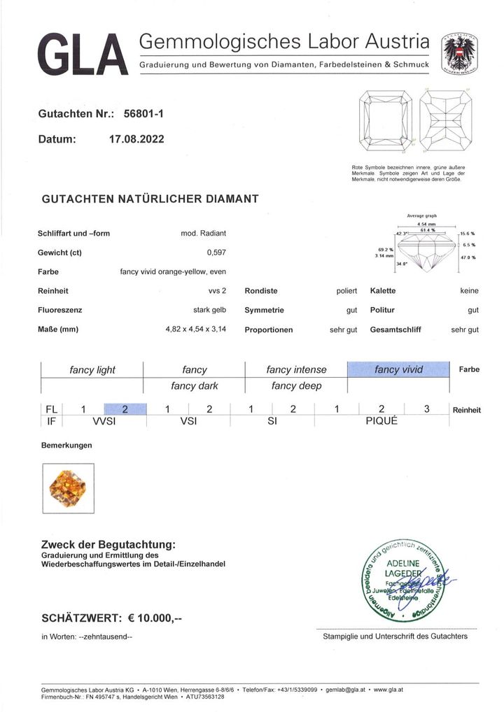 Gutachten zu Farbdiamant Radiant intensives Orangegelb vvs2 0,59 ct.