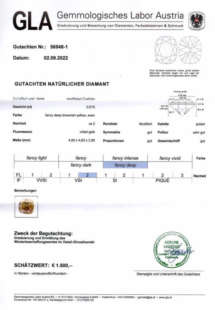 Gutachten zu Farbdiamant antik-brillantiert bräunlich gelb 0,51 ct