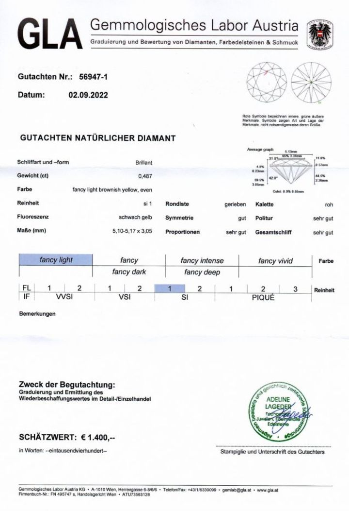 Gutachten zu Farbdiamant Brillant gräulich hellgelb 0,48 ct