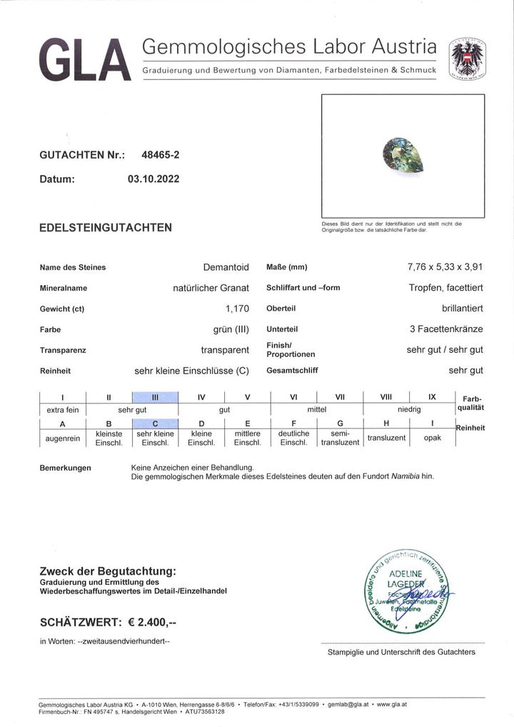 Gutachten zu Demantoid Garnet pear green 1.17 ct