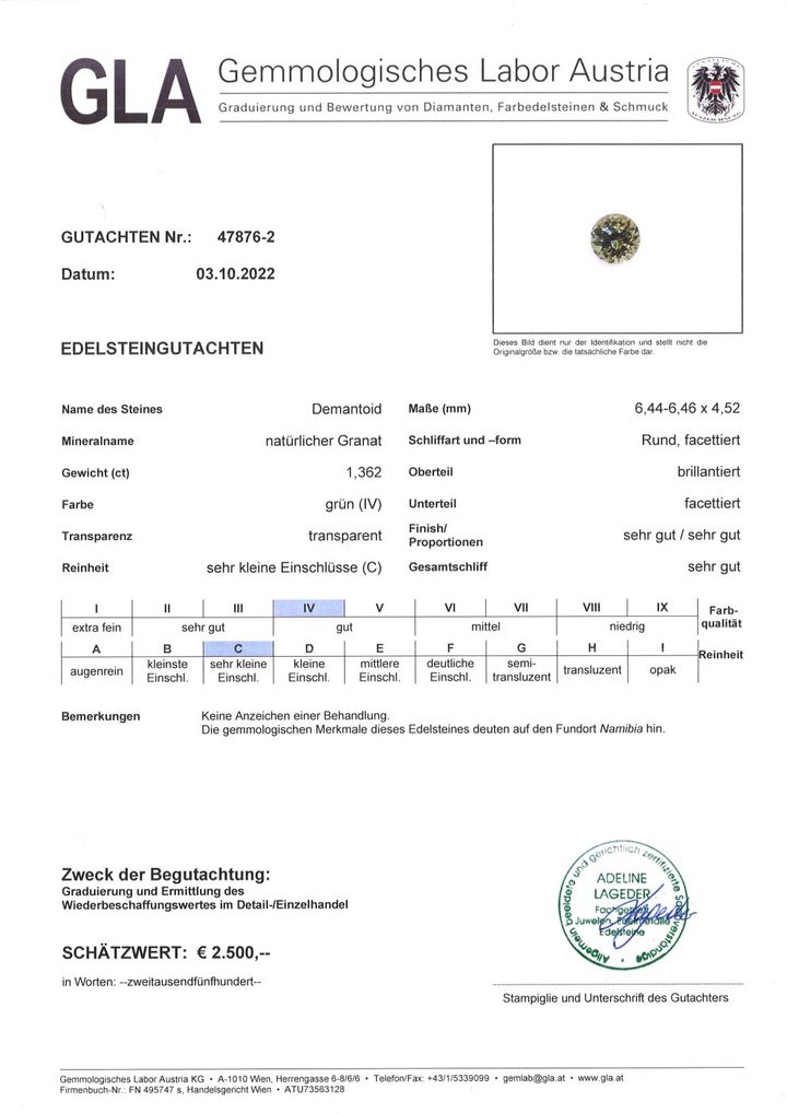 Gutachten zu Demantoid Granat rund-brillantiert 1,36 ct