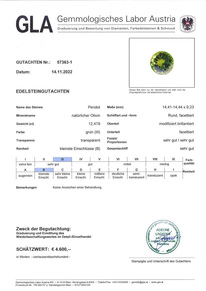 Gutachten zu Peridot rund grün unbehandelt 12,47 ct