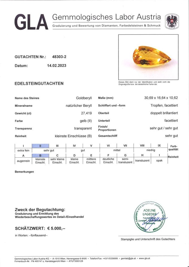 Gutachten zu Golden Beryl pear golden yellow 27.41 ct