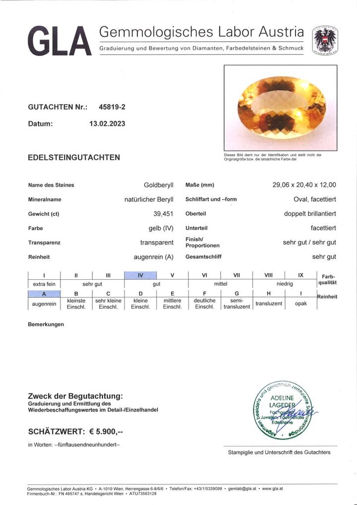 Gutachten zu Golden Beryl oval 39.45 ct