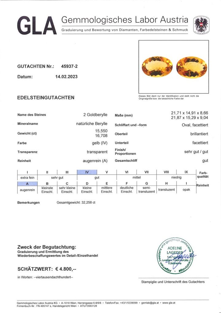 Gutachten zu Golden Beryl Pair oval 32.25 ct