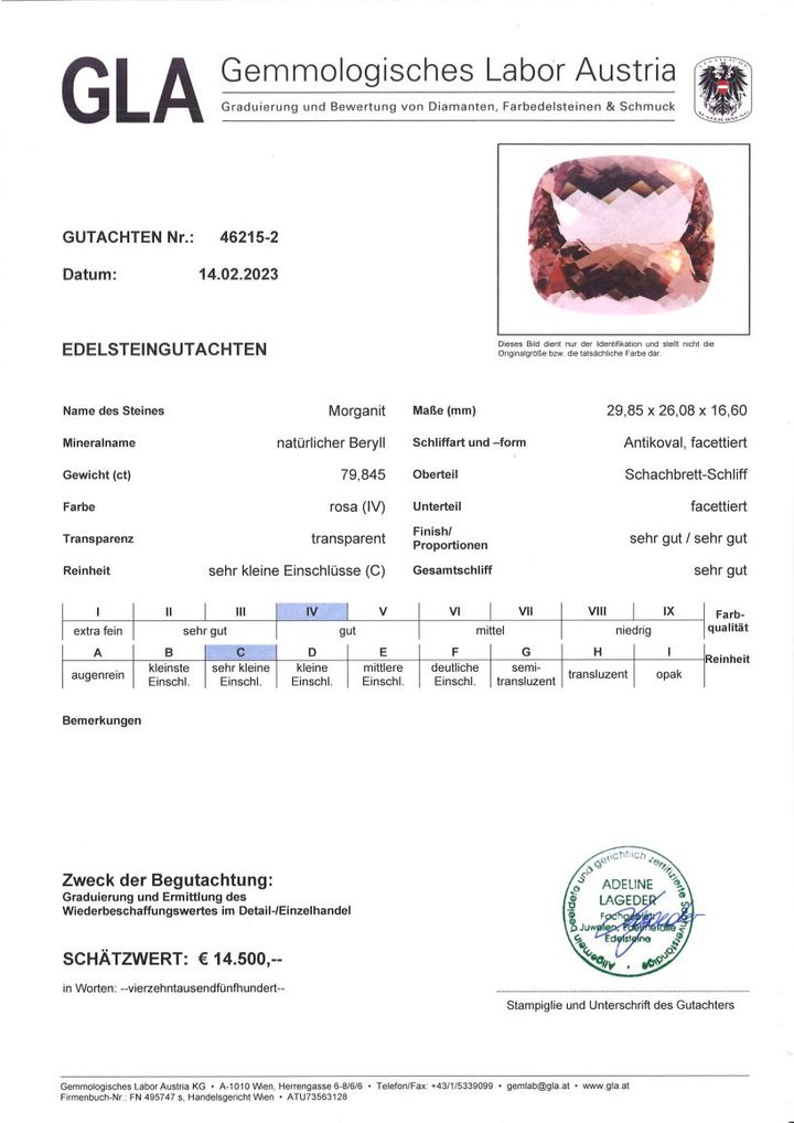 Gutachten zu Morganit Antikoval-Schachbrett rosa 79,84 ct