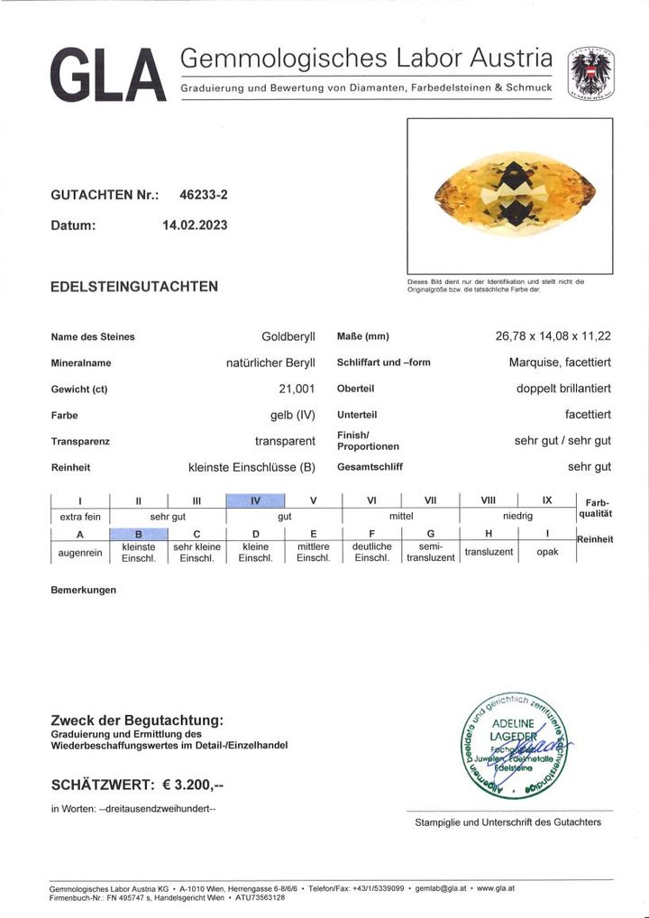 Gutachten zu Golden Beryl marquise golden yellow 21.00 ct.