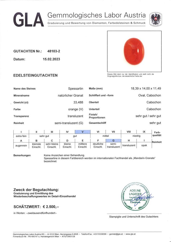 Gutachten zu Mandarin-Granat Cabochon oval orange 33,48 ct.