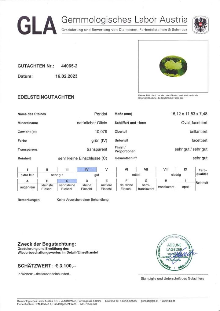 Gutachten zu Peridot Oval 10,07 ct