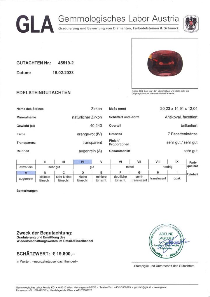 Gutachten zu Zirkon antikoval rötlich unbehandelt 40,24 ct