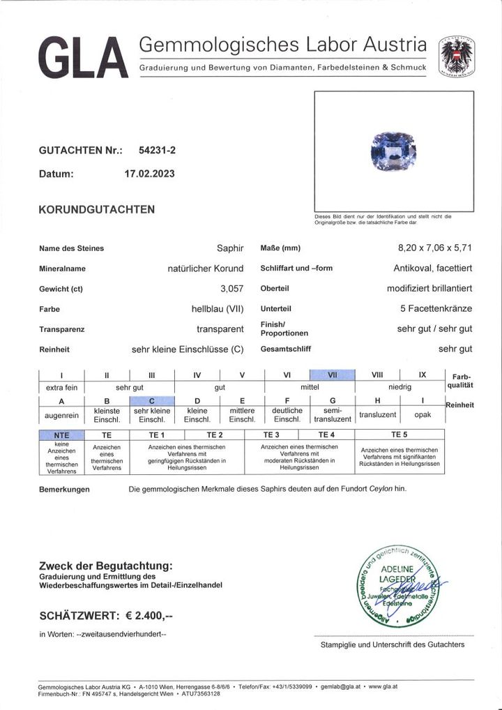 Gutachten zu Saphir antik hellblau ungebrannt 3,06 ct