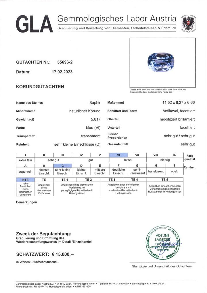 Gutachten zu Saphir antikoval blau unbehandelt 5,81 ct